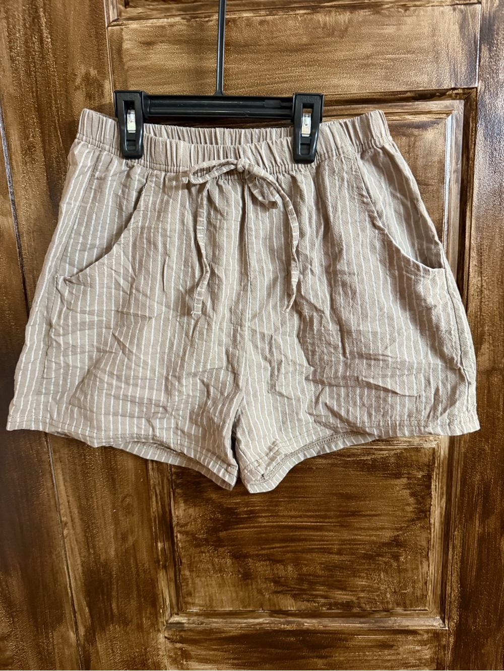 Light Taupe Striped Drawstring Women's Shorts